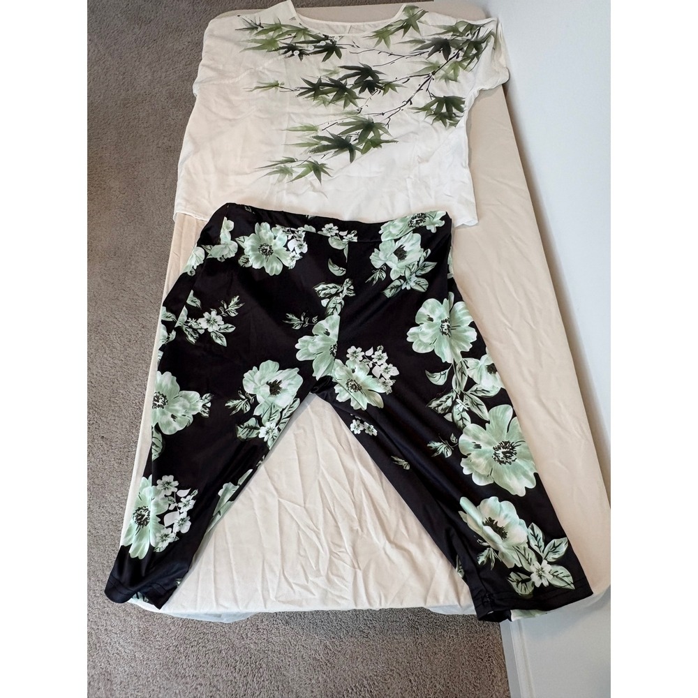 Shein‎ Curve Floral Bamboo Two Piece Lounge Set Black Green White Plus Size 0XL